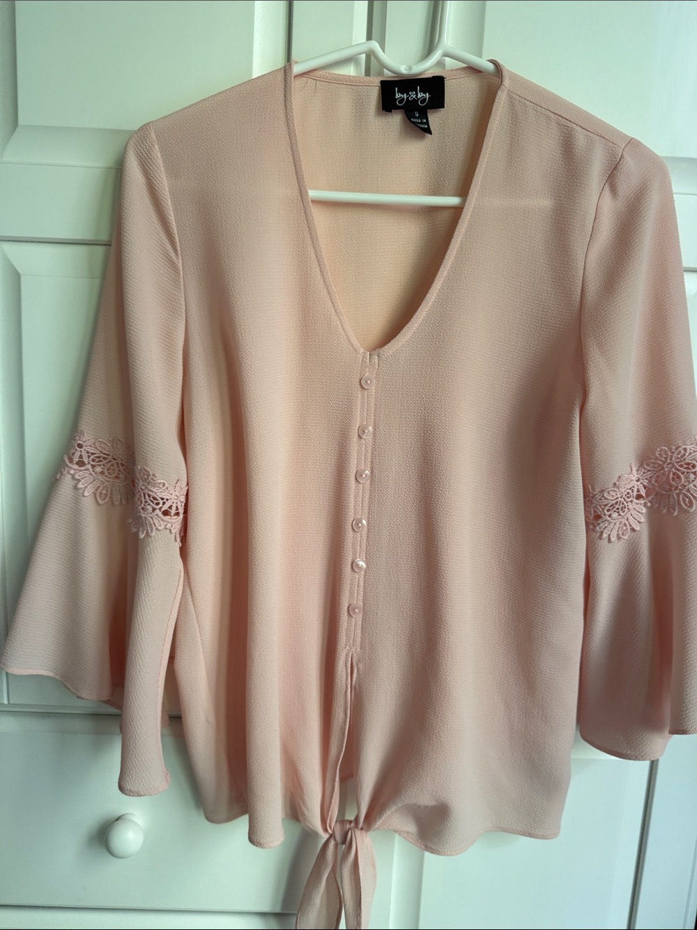 by & by Soft Blush Lace-Trim Tie Front V-Neck Blouse